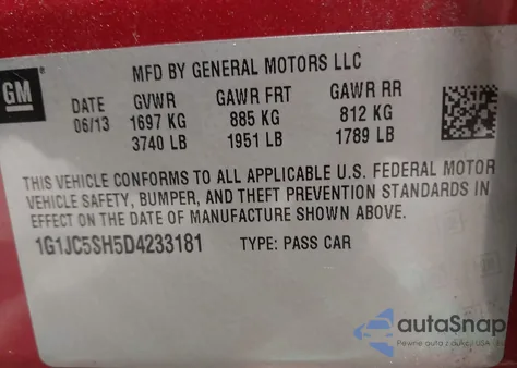 2013 Chevrolet Sonic Lt Auto из США, поврежденный, VIN 1G1JC5SH5D4233181